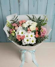 Букет цветов из:  Розы, Лизиантусы и Хризантемы в Камень-Рыболове