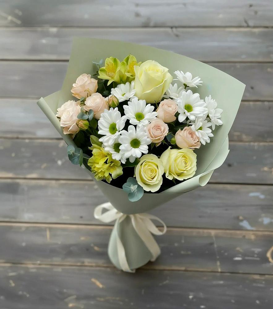 Букет цветов из: Альстромерии, Розы и Хризантемы в Камень-Рыболове