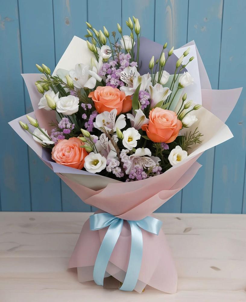 Букет цветов из: Лизиантусы, Розы, Альстромерии и Гипсофила в Камень-Рыболове