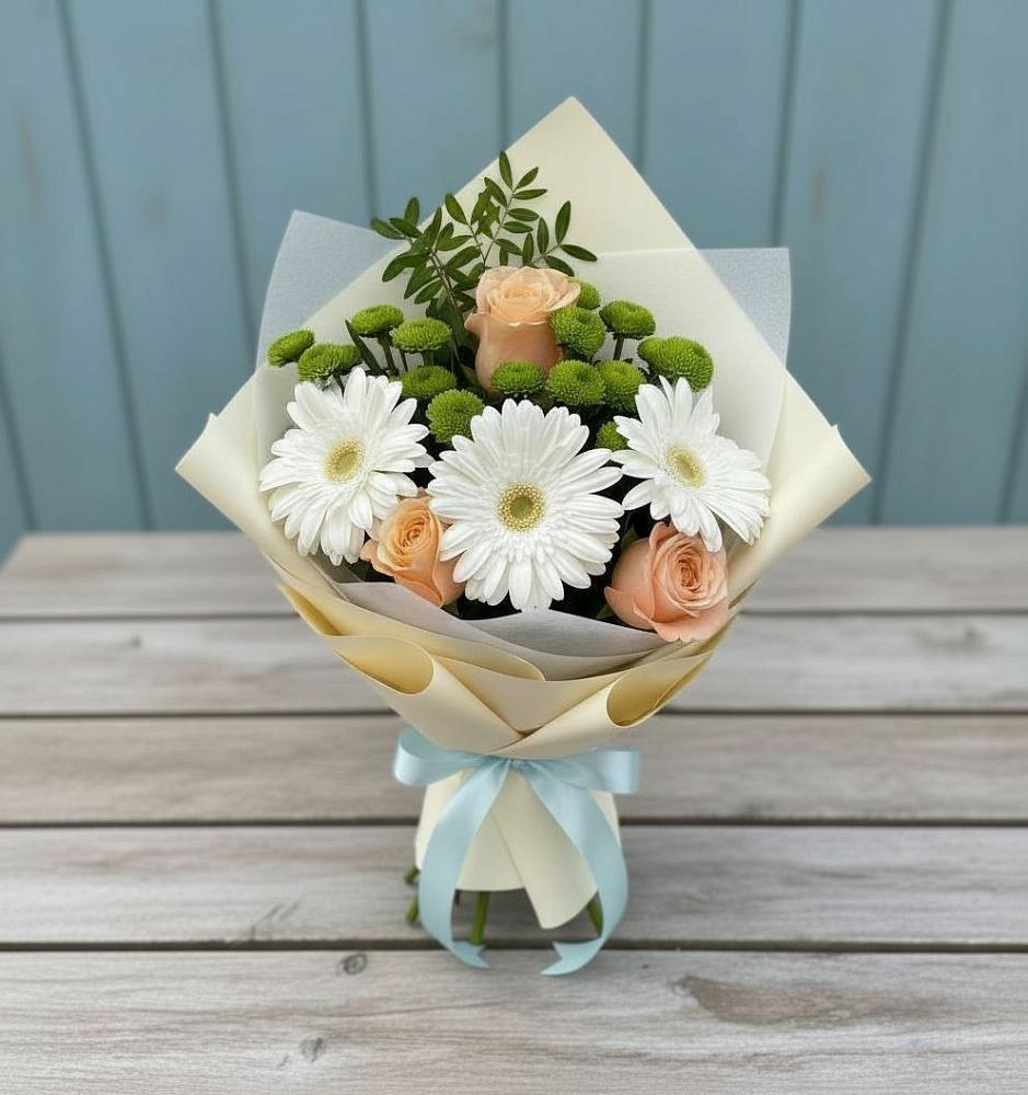 Букет цветов из: Герберы, Розы и Хризантемы в Камень-Рыболове