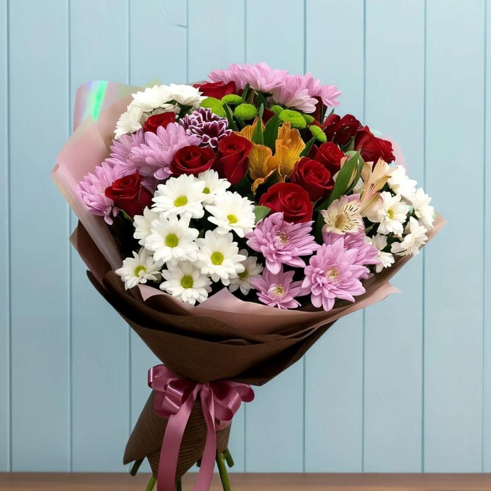 Букет цветов из: Розы, Хризантемы и Альстромерии в Камень-Рыболове