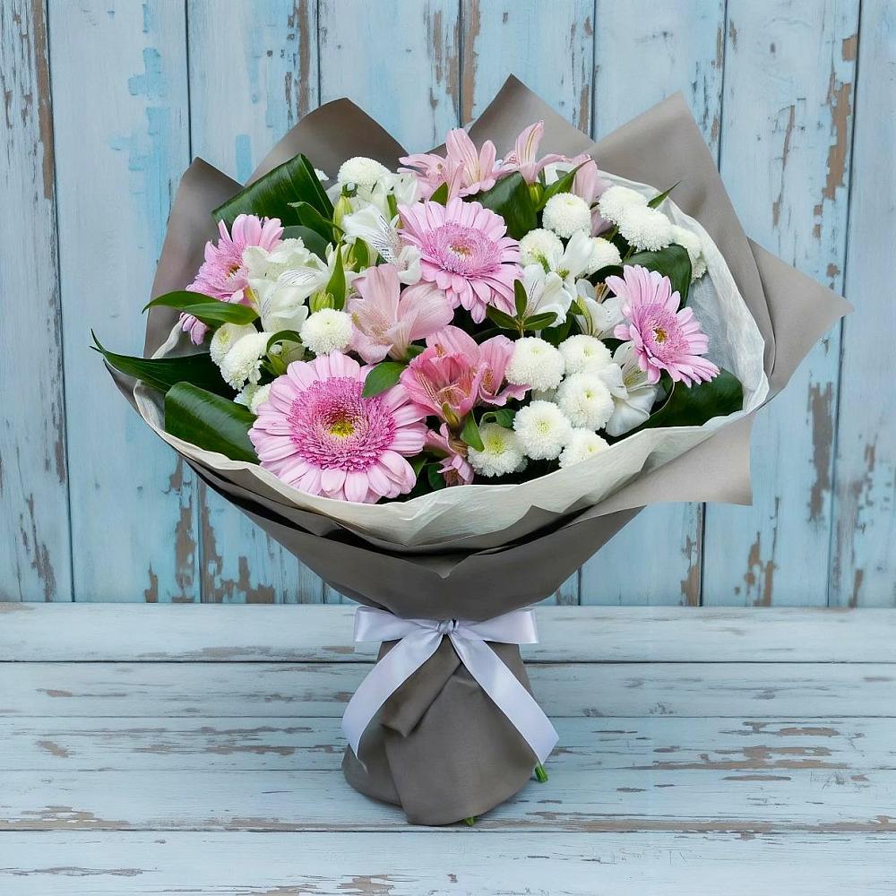 Букет цветов из: Герберы, Альстромерии и Хризантемы в Камень-Рыболове