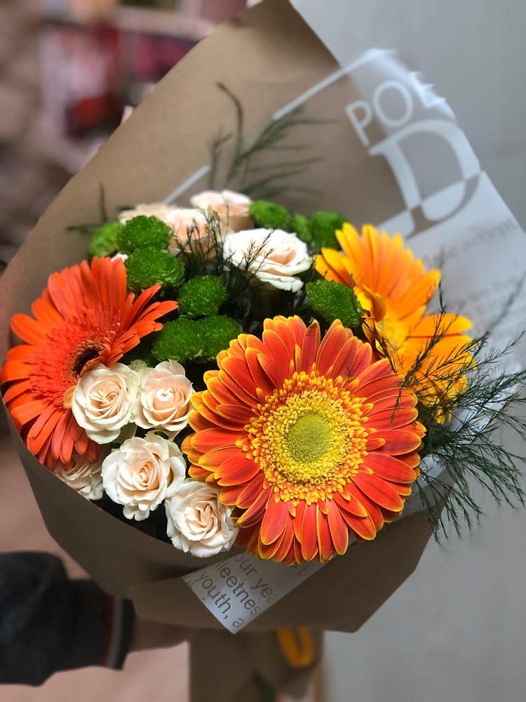 Букет цветов из: Герберы, Хризантемы и Розы в Камень-Рыболове